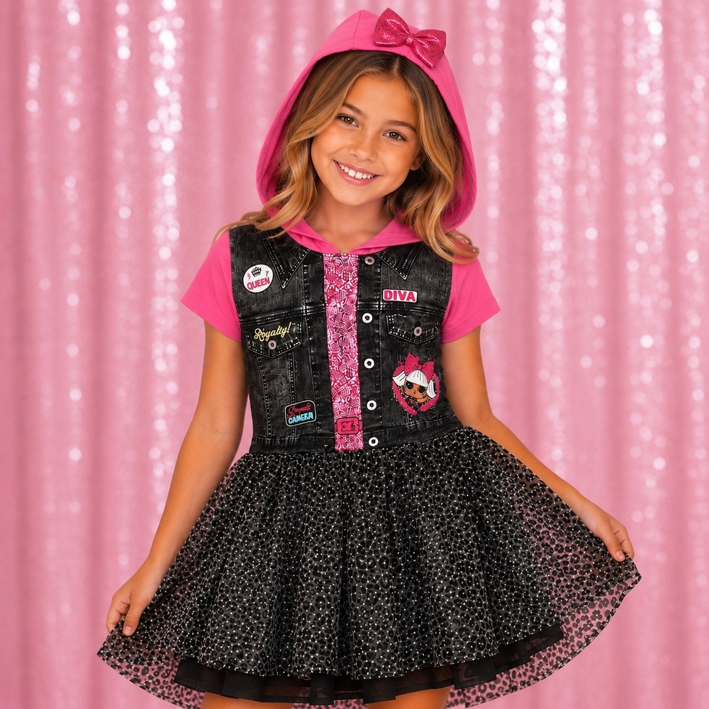 LOL Surprise Girls Pink Hooded Dress Diva Faux‎ Denim Leopard Tulle Size 10/12